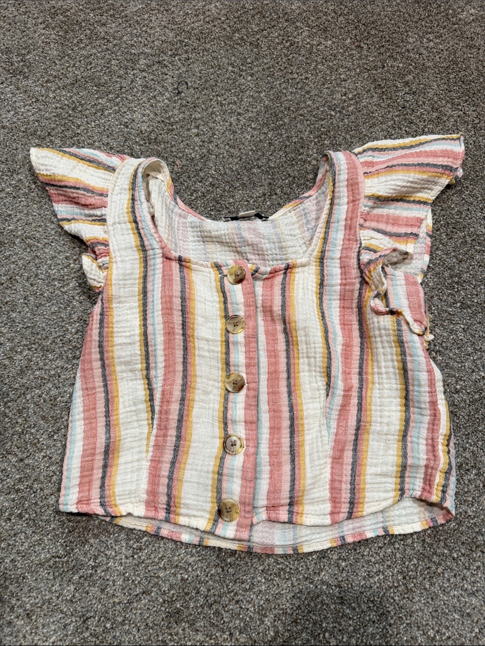 Women’s ' Striped Button-Front Ruffle Sleeve Top - White, Pink & Yellow